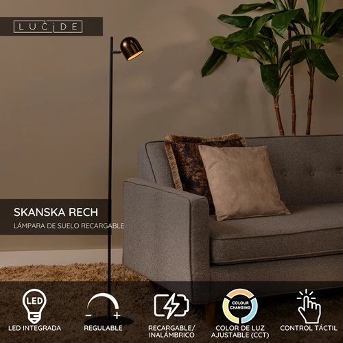 Lucide SKANSKA RECH - Lámpara de suelo Recargable Dentro/Fuera - Batería/acumulador - Ø 23 cm - LED Regul. - CCT - 1x3W 3000K/6000K - IP44 - Café - USP